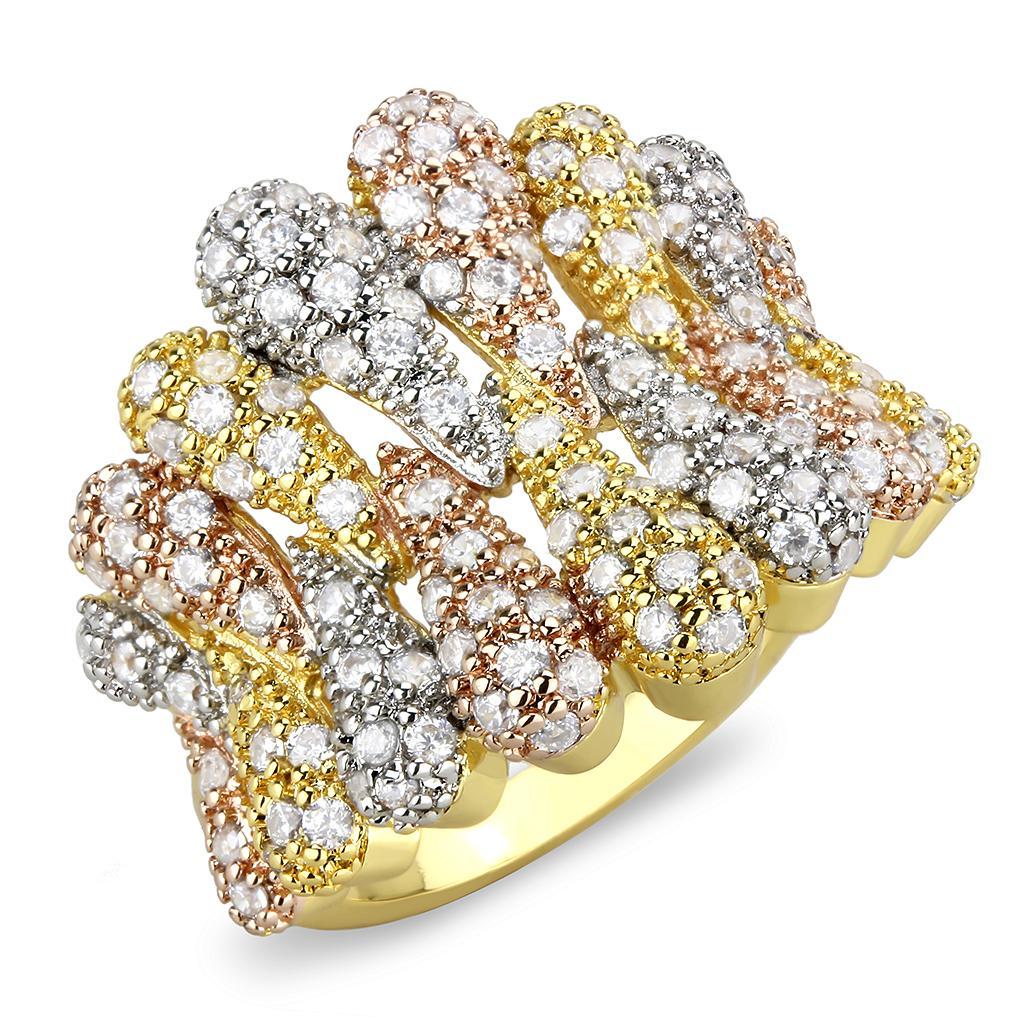 3W1462 - Tricolor Brass Ring with AAA Grade CZ  in Clear-0