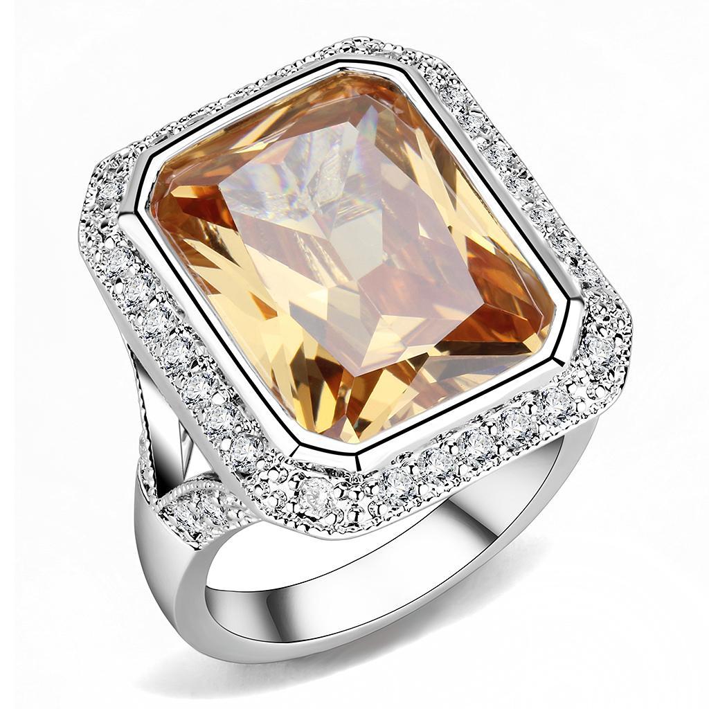 3W1471 - Rhodium Brass Ring with AAA Grade CZ  in Champagne-0