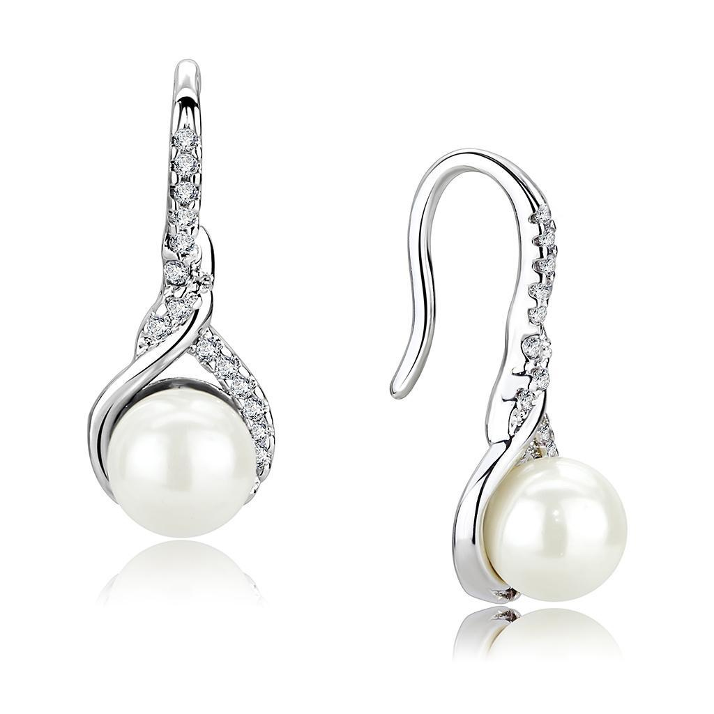 3W1478 - Rhodium Brass Earrings with Synthetic Pearl in White-0