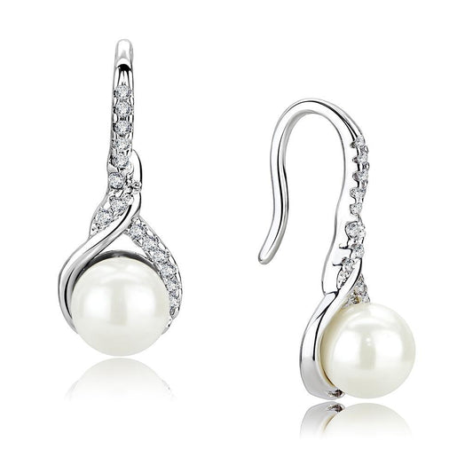 3W1478 - Rhodium Brass Earrings with Synthetic Pearl in White-0