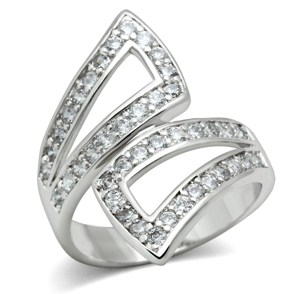 3W150 - Rhodium Brass Ring with AAA Grade CZ  in Clear-0