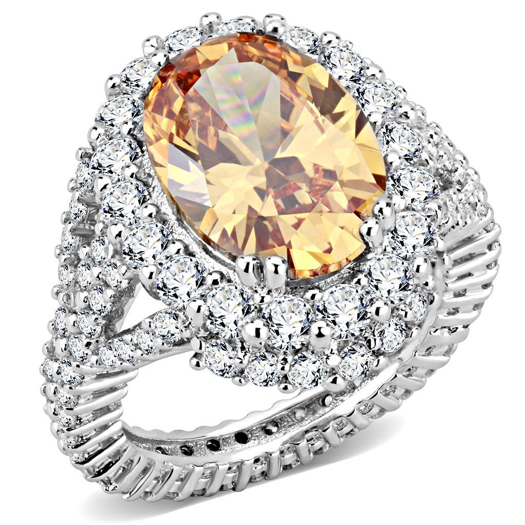 3W1523 - Rhodium Brass Ring with AAA Grade CZ  in Champagne-0