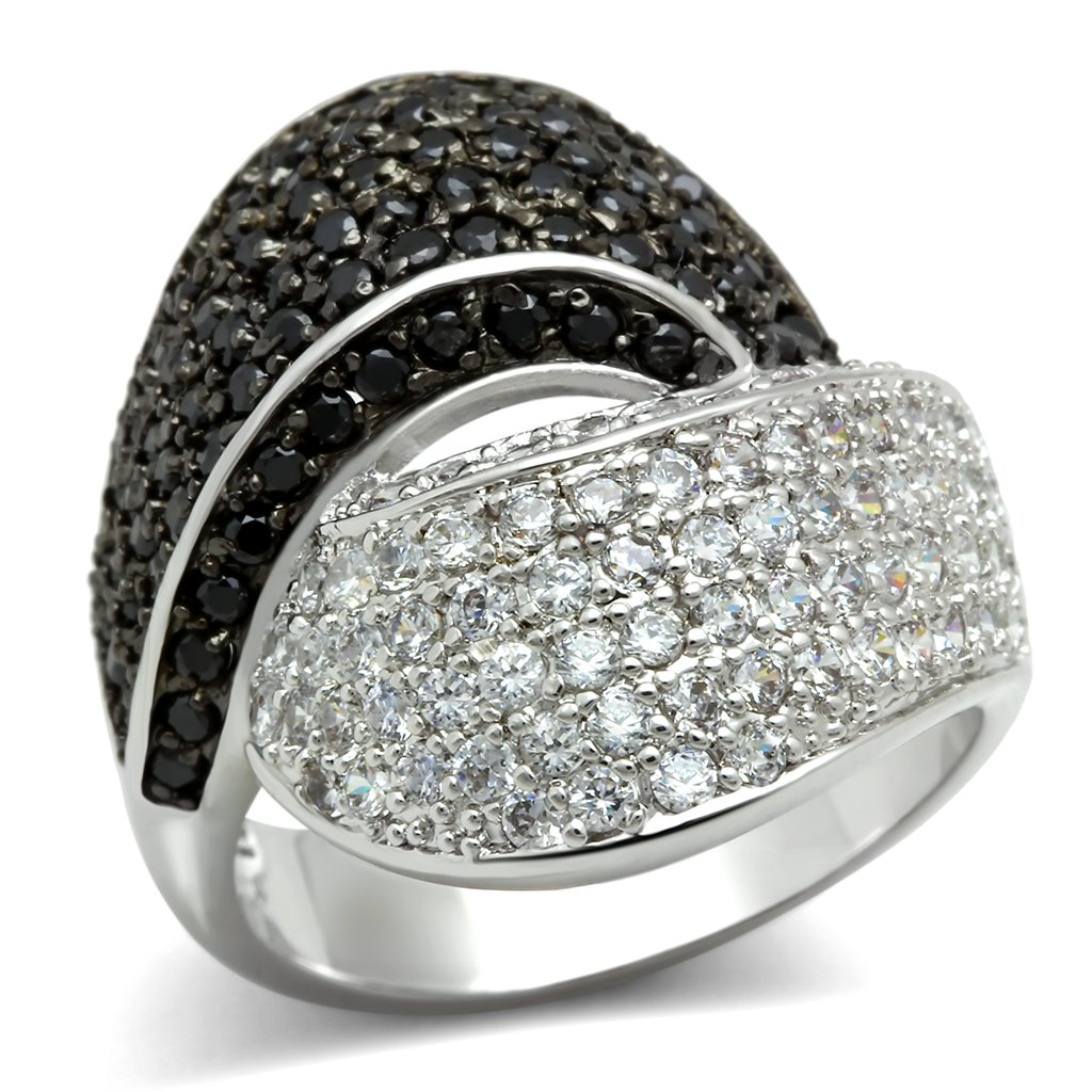 3W157 - Rhodium + Ruthenium Brass Ring with AAA Grade CZ  in Jet-0