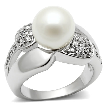 3W182 - Rhodium Brass Ring with Synthetic Pearl in White-0