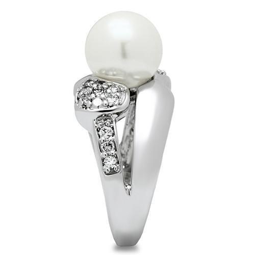 3W182 - Rhodium Brass Ring with Synthetic Pearl in White-3