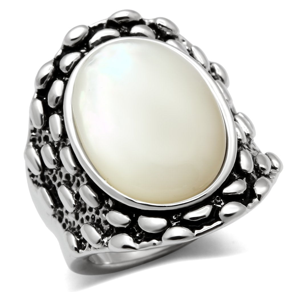 3W186 - Rhodium Brass Ring with Precious Stone Conch in White-0