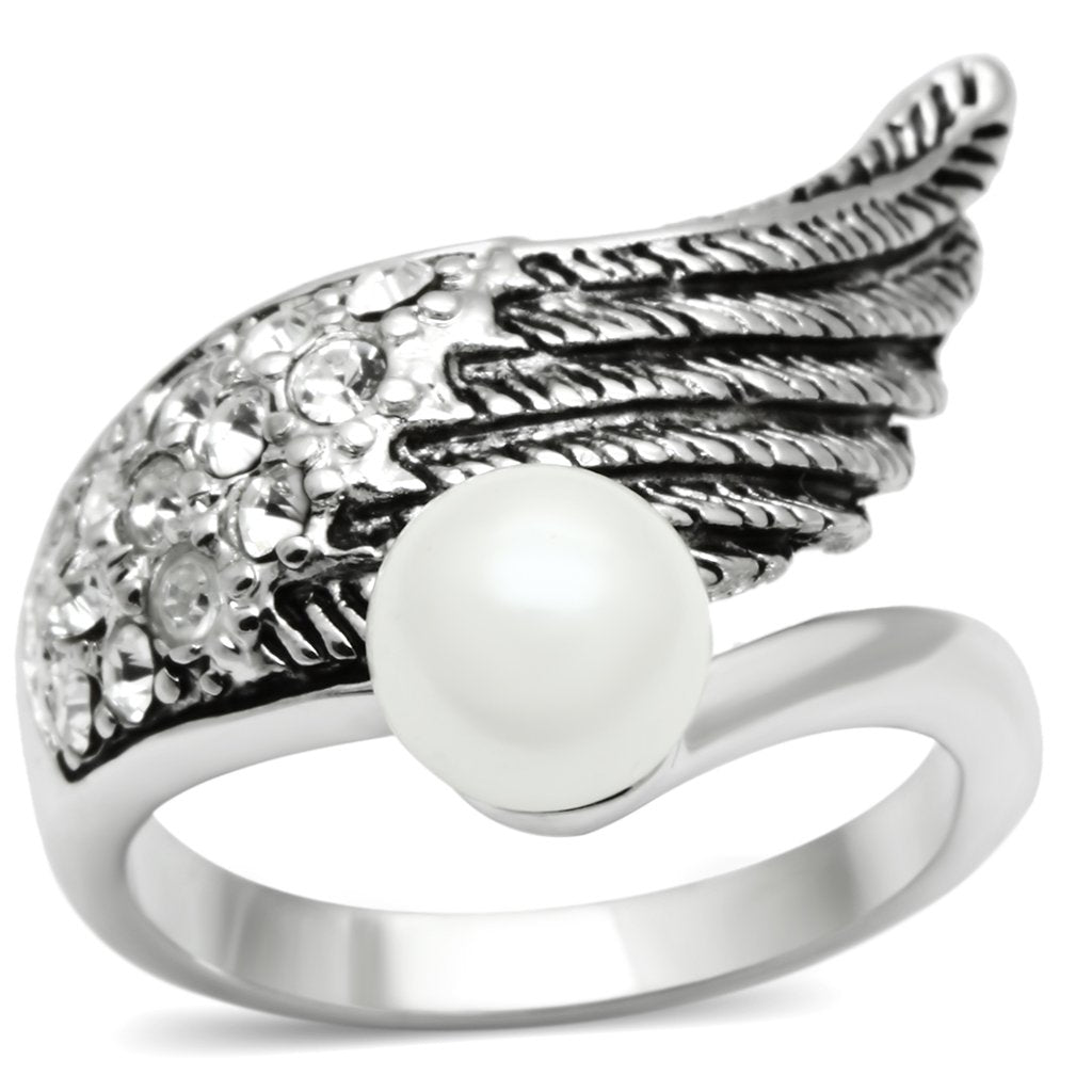 3W191 - Rhodium Brass Ring with Synthetic Pearl in White-0