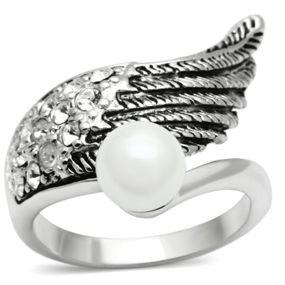 3W191 - Rhodium Brass Ring with Synthetic Pearl in White-0