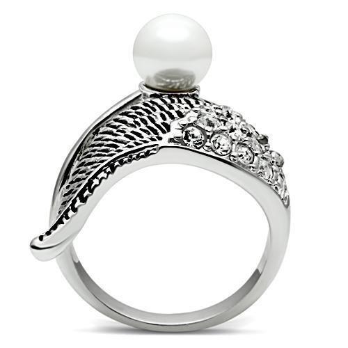 3W191 - Rhodium Brass Ring with Synthetic Pearl in White-2