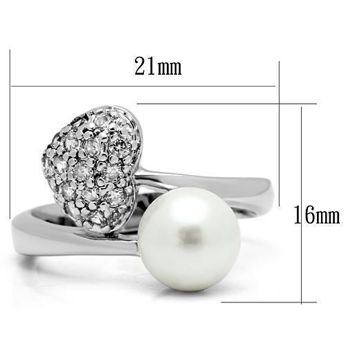 3W192 - Rhodium Brass Ring with Synthetic Pearl in White-1