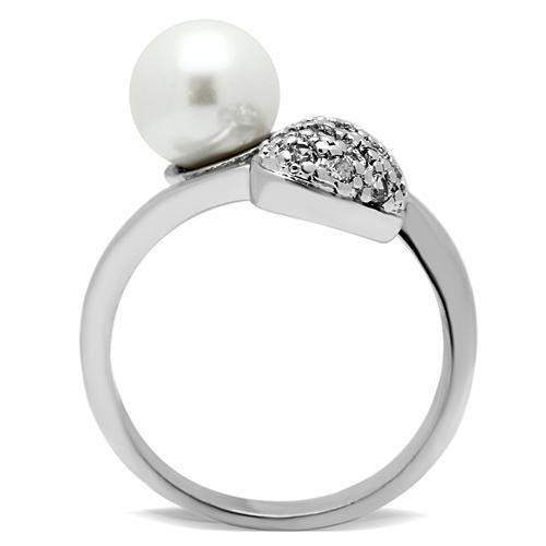 3W192 - Rhodium Brass Ring with Synthetic Pearl in White-2