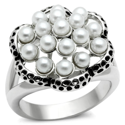 3W232 - Rhodium Brass Ring with Synthetic Pearl in White-0