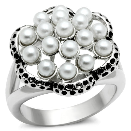 3W232 - Rhodium Brass Ring with Synthetic Pearl in White-0