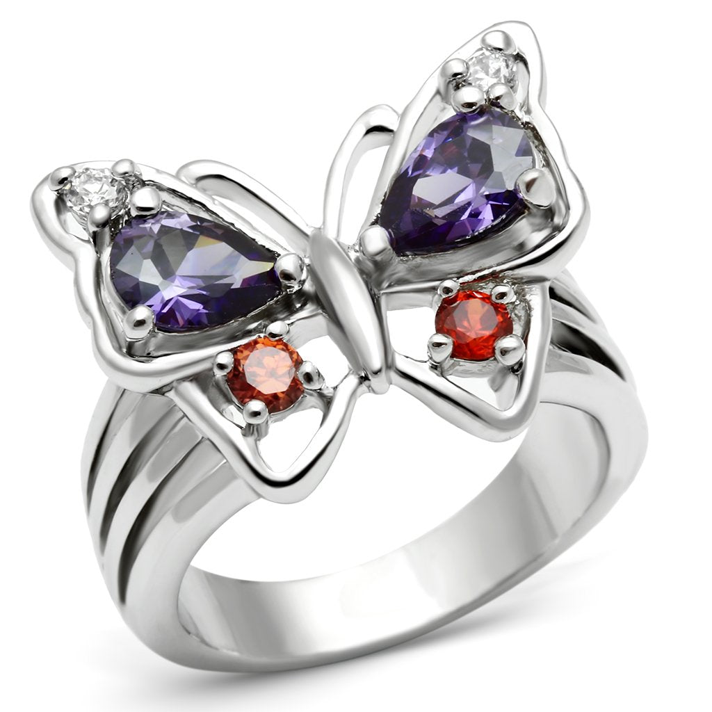 3W233 - Rhodium Brass Ring with AAA Grade CZ  in Multi Color-0
