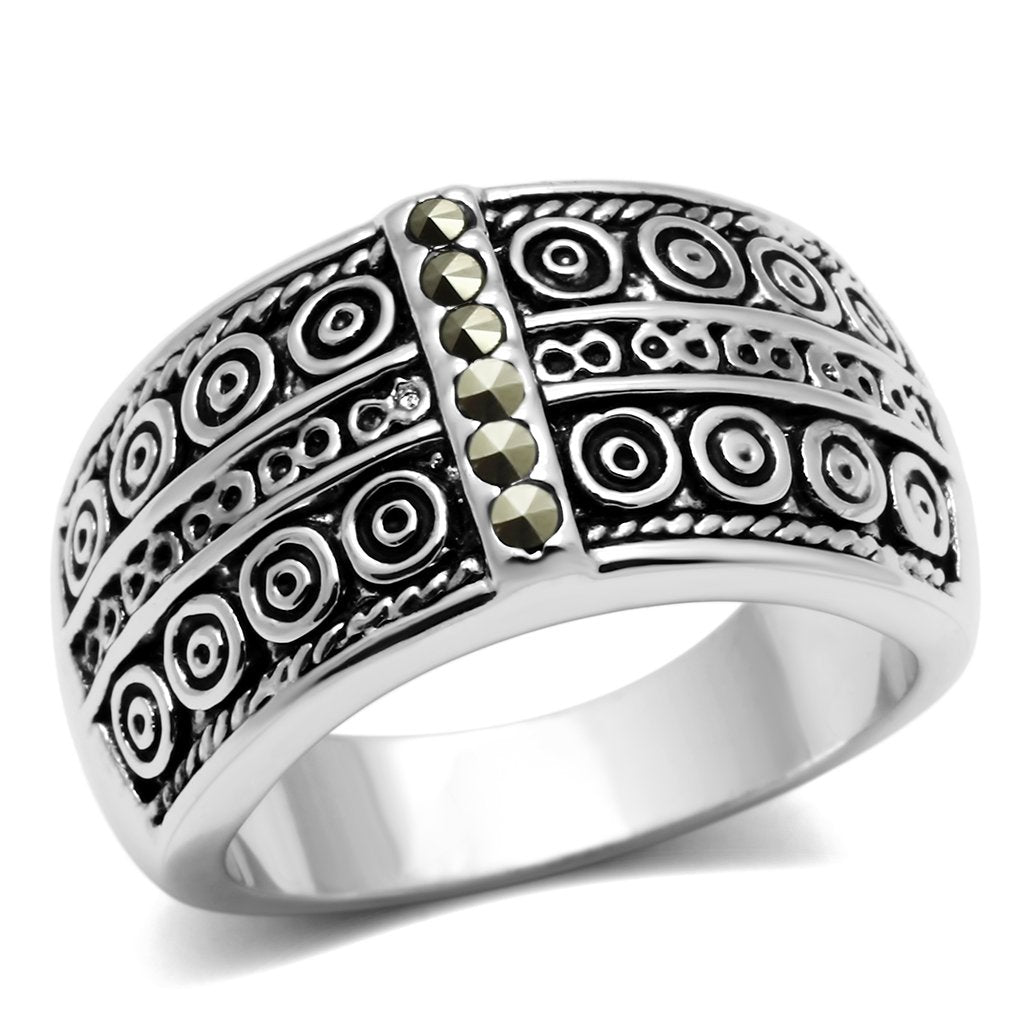 3W239 - Rhodium Brass Ring with Semi-Precious Marcasite in Black Diamond-0