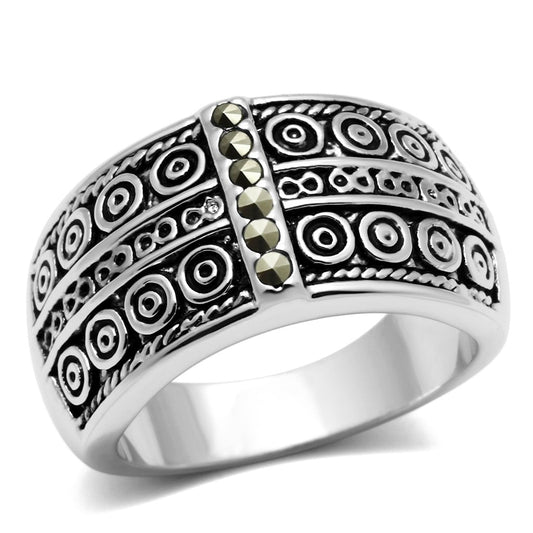 3W239 - Rhodium Brass Ring with Semi-Precious Marcasite in Black Diamond-0