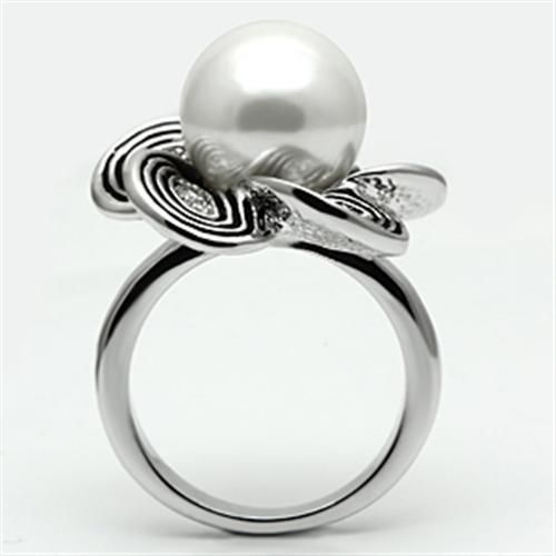 3W240 - Rhodium Brass Ring with Synthetic Pearl in White-2