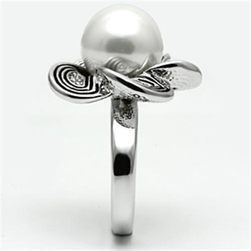 3W240 - Rhodium Brass Ring with Synthetic Pearl in White-3