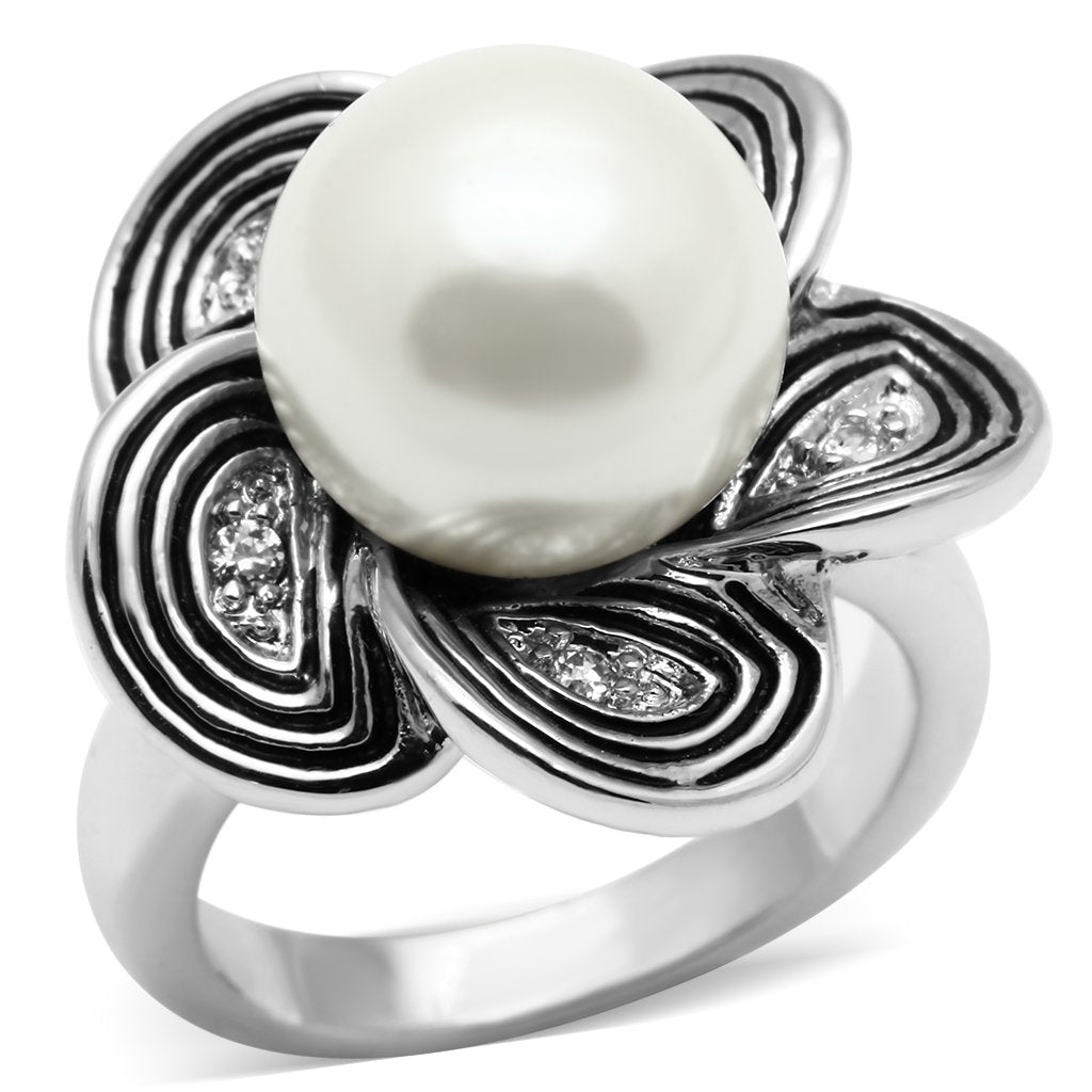 3W240 - Rhodium Brass Ring with Synthetic Pearl in White-0