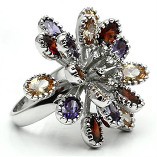 3W251 - Rhodium Brass Ring with AAA Grade CZ  in Multi Color-3