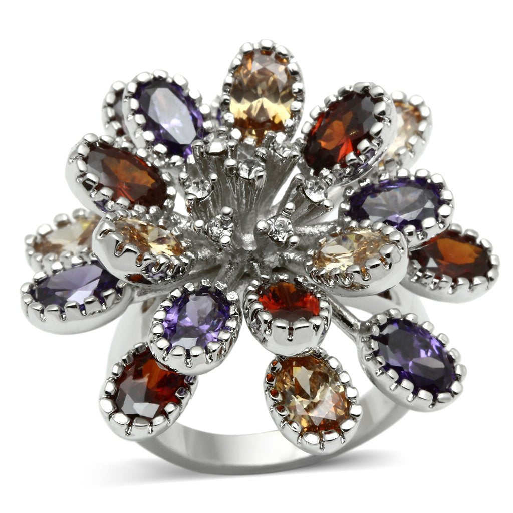 3W251 - Rhodium Brass Ring with AAA Grade CZ  in Multi Color-0