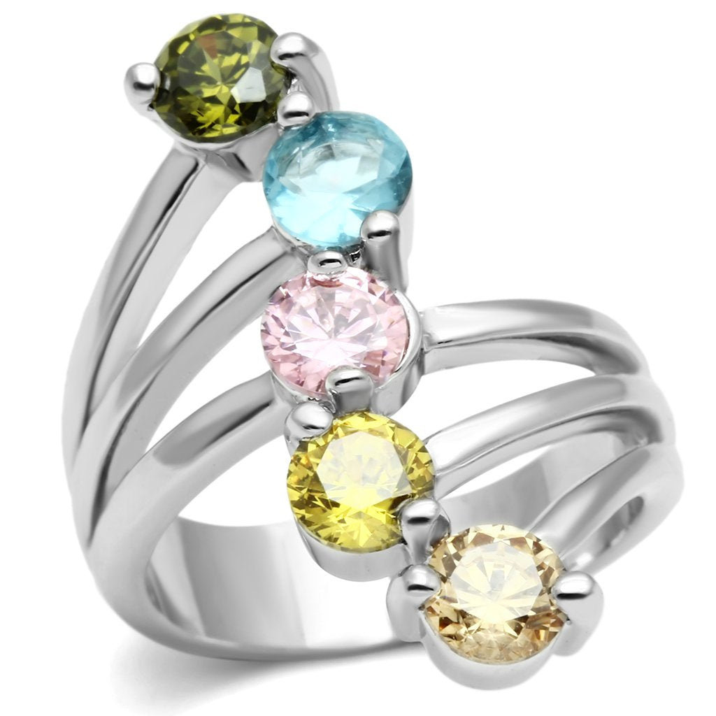 Lyra Cocktail Ring - Rhodium Brass, AAA CZ , Multi Color - 3W291-1