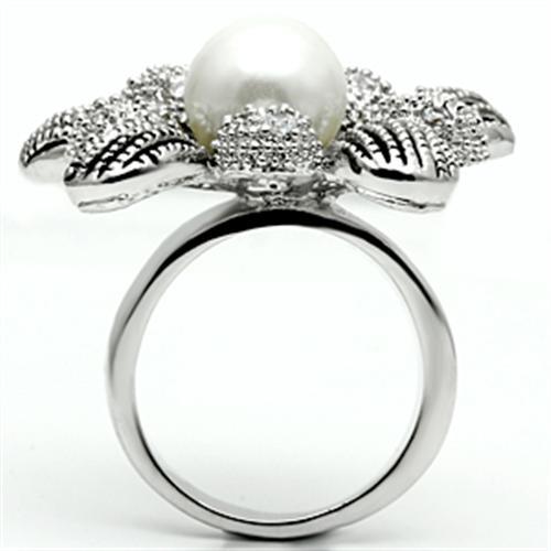 3W294 - Rhodium Brass Ring with Synthetic Pearl in White-2