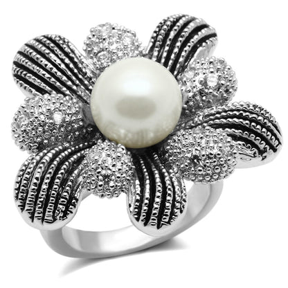 3W294 - Rhodium Brass Ring with Synthetic Pearl in White-0