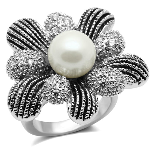 3W294 - Rhodium Brass Ring with Synthetic Pearl in White-0