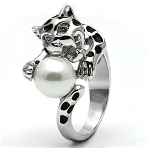 3W297 - Rhodium Brass Ring with Synthetic Pearl in White-4