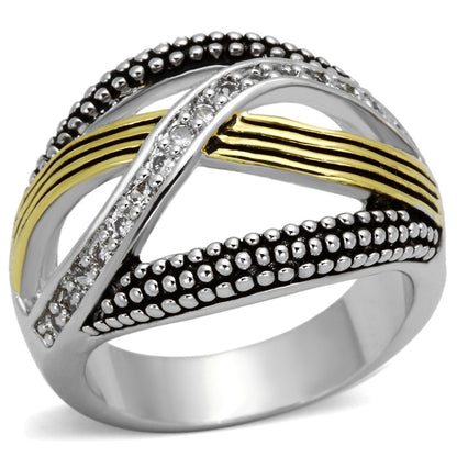 3W305 - Reverse Two-Tone Brass Ring with AAA Grade CZ  in Clear-0