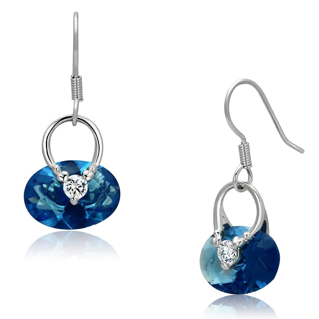 3W338 - Rhodium Brass Earrings with Synthetic Synthetic Glass in Sea Blue-0