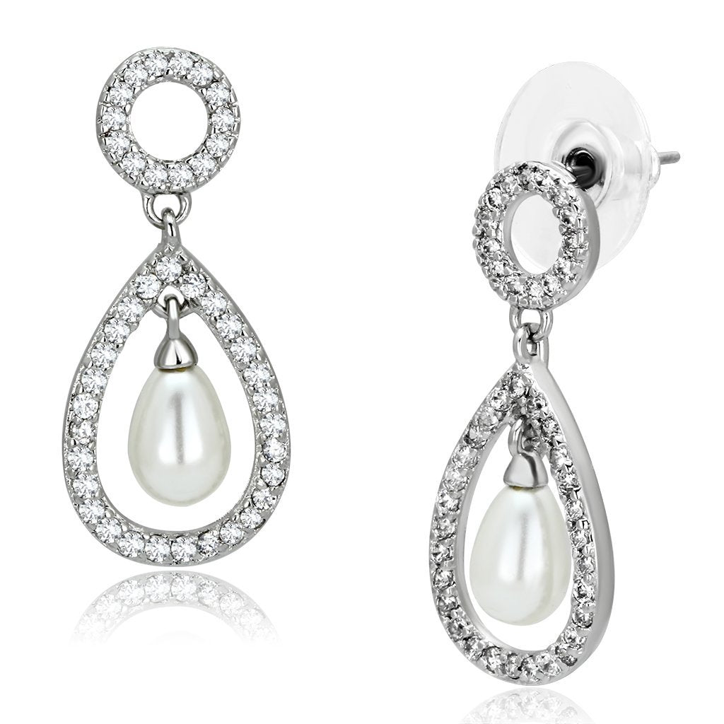 3W341 - Rhodium Brass Earrings with Synthetic Pearl in White-0