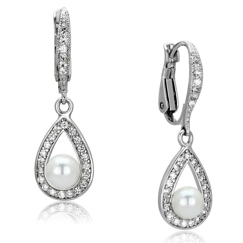 3W344 - Rhodium Brass Earrings with Synthetic Pearl in White-0