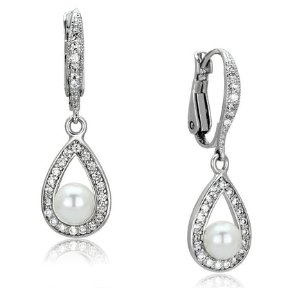3W344 - Rhodium Brass Earrings with Synthetic Pearl in White-0