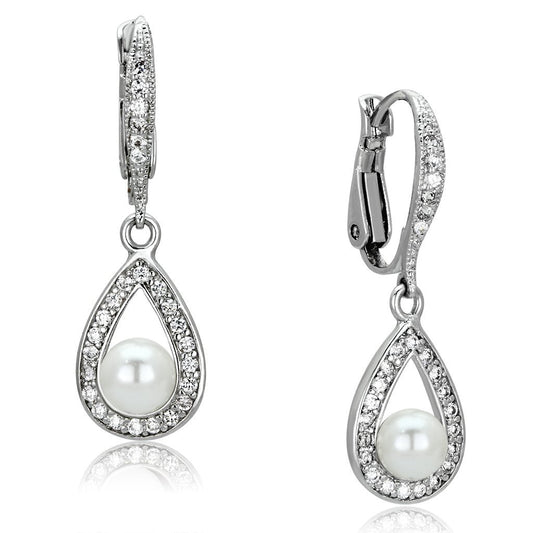 3W344 - Rhodium Brass Earrings with Synthetic Pearl in White-0