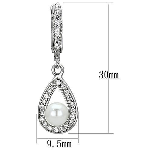 3W344 - Rhodium Brass Earrings with Synthetic Pearl in White-1