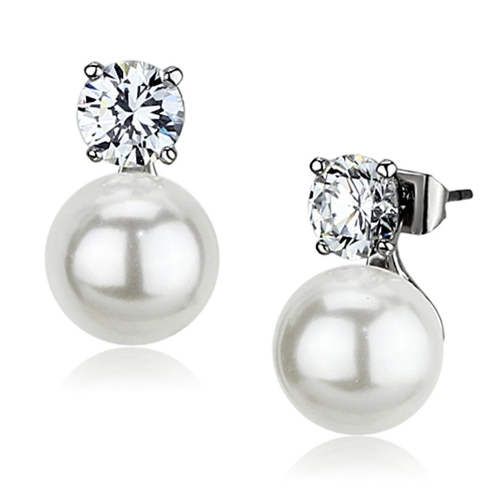 3W348 - Rhodium Brass Earrings with Synthetic Pearl in White-0