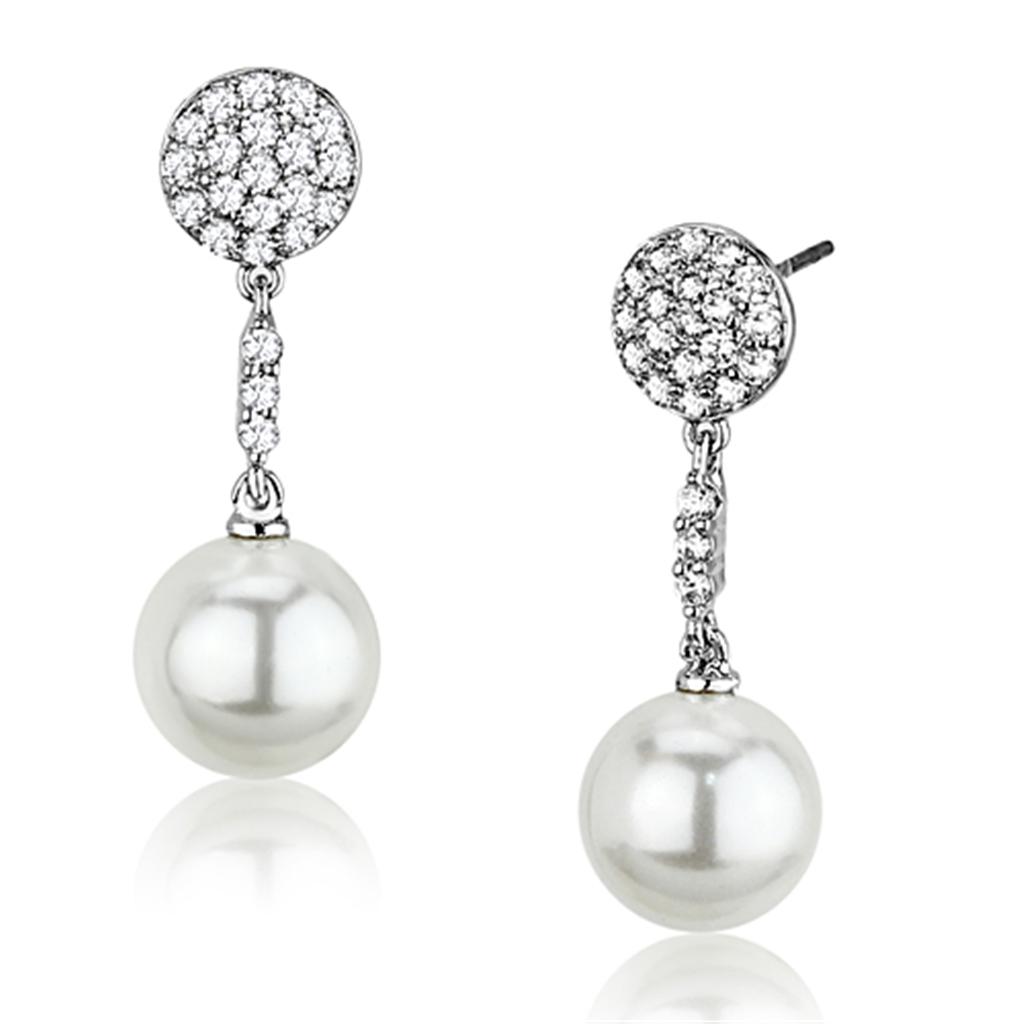 3W350 - Rhodium Brass Earrings with Synthetic Pearl in White-0