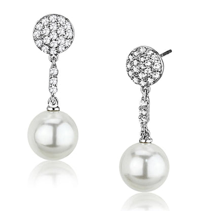 3W350 - Rhodium Brass Earrings with Synthetic Pearl in White-0