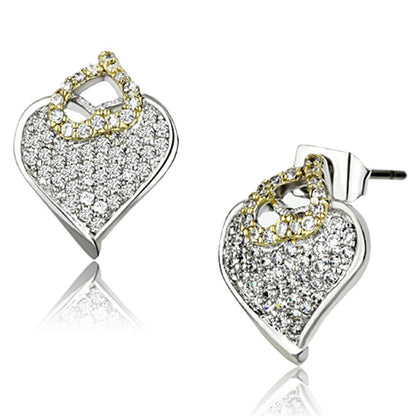 3W356 - Reverse Two-Tone Brass Earrings with AAA Grade CZ  in Clear-0