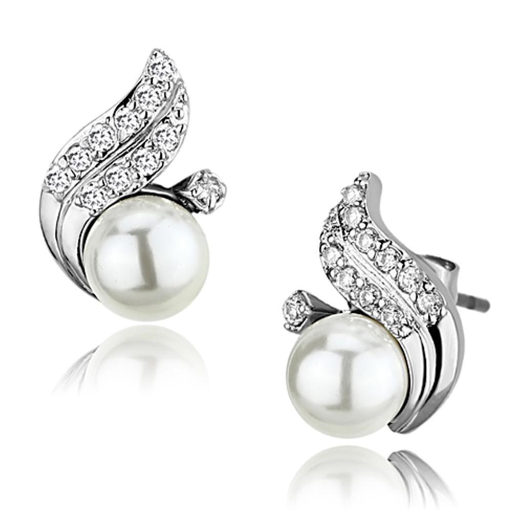 3W365 - Rhodium Brass Earrings with Synthetic Pearl in White-0