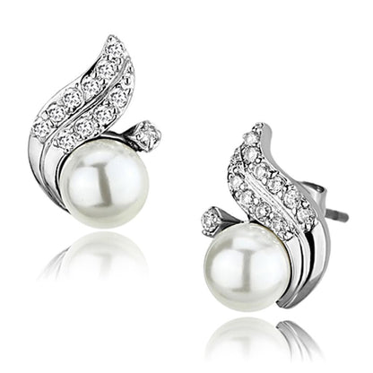 3W365 - Rhodium Brass Earrings with Synthetic Pearl in White-0