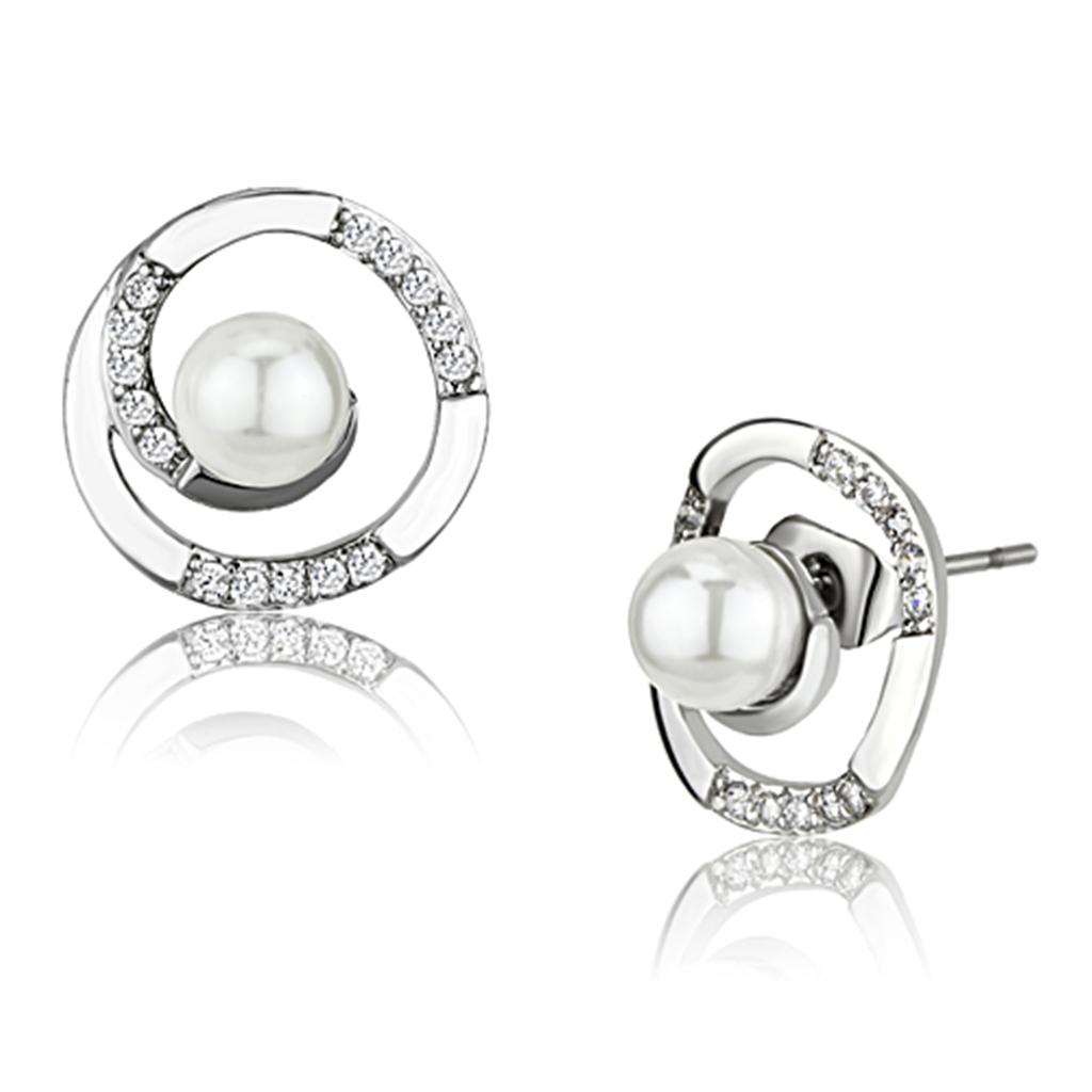 3W366 - Rhodium Brass Earrings with Synthetic Pearl in White-0