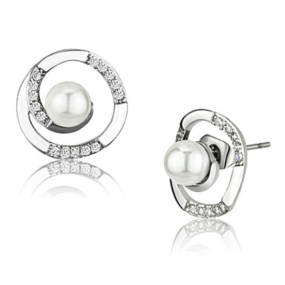 3W366 - Rhodium Brass Earrings with Synthetic Pearl in White-0