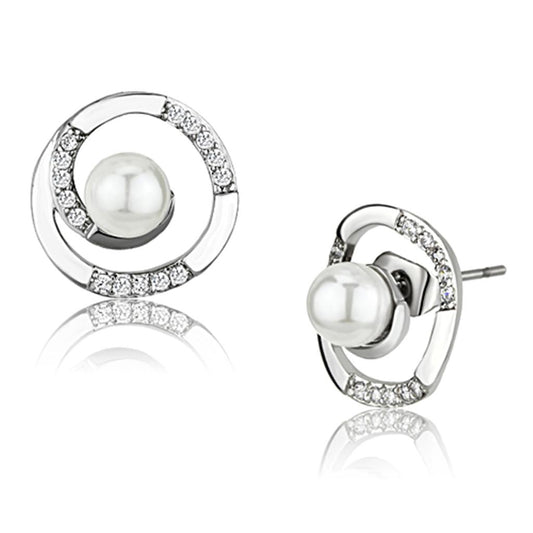 3W366 - Rhodium Brass Earrings with Synthetic Pearl in White-0