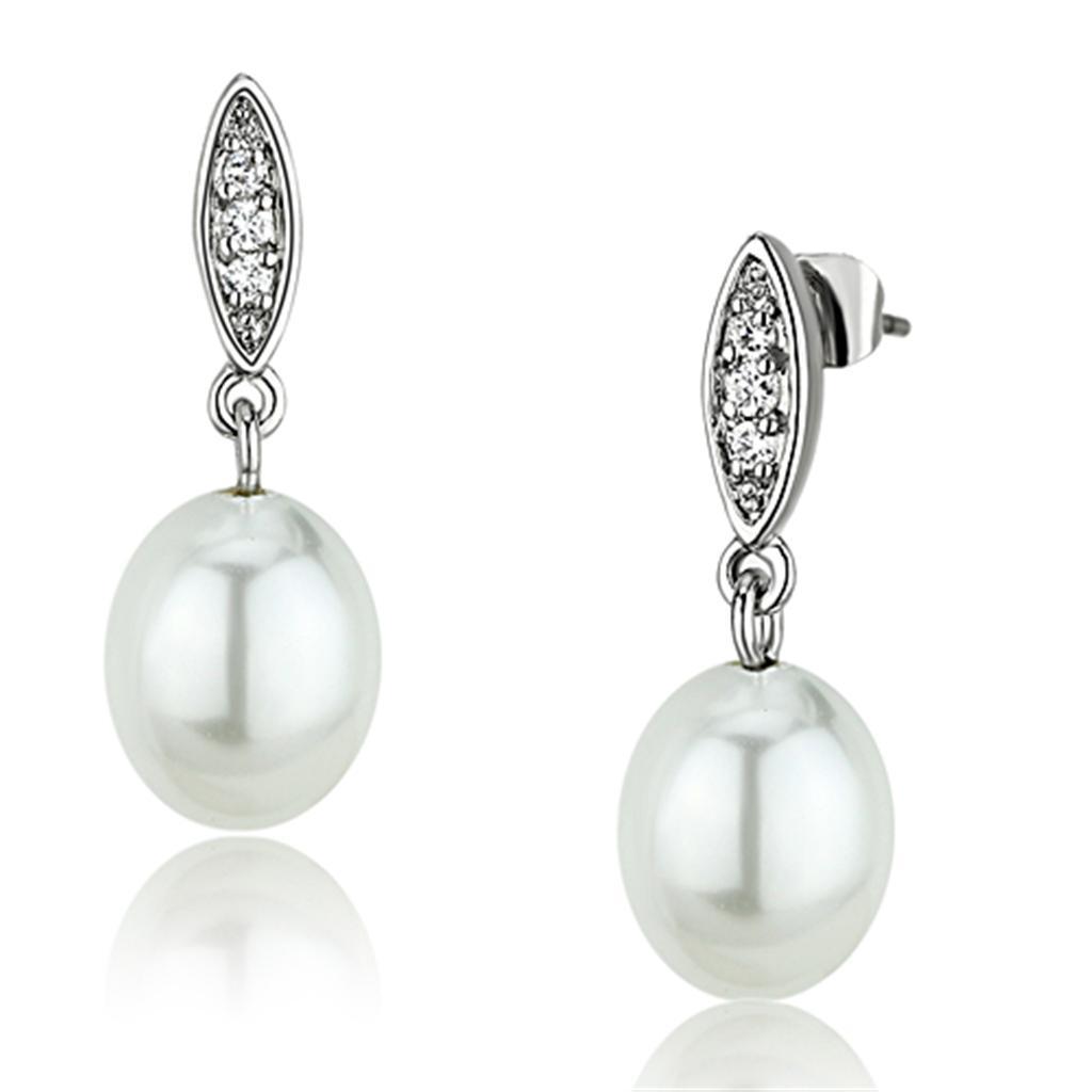 3W378 - Rhodium Brass Earrings with Synthetic Pearl in White-0
