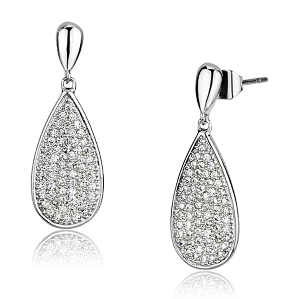 3W380 - Rhodium Brass Earrings with AAA Grade CZ  in Clear-0