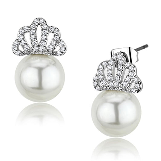 3W383 - Rhodium Brass Earrings with Synthetic Pearl in White-0