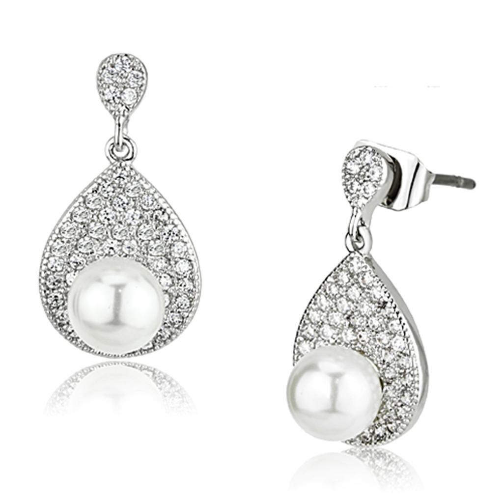 3W384 - Rhodium Brass Earrings with Synthetic Pearl in White-0